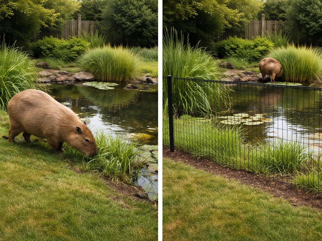 Capybara grazing at pond edge near clipped garden plants, showing real-world browsing damage