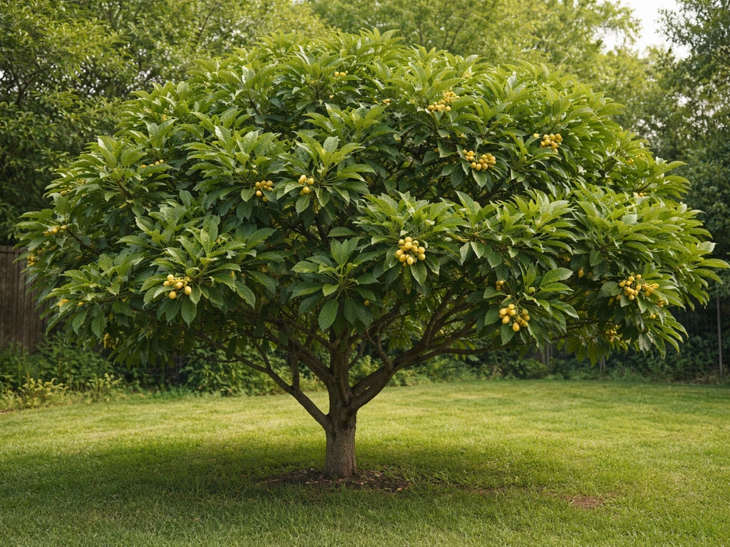 Wide shot of a loquat tree in a backyard with rounded canopy, visible fuzzy leaves, and small early orange fruit.