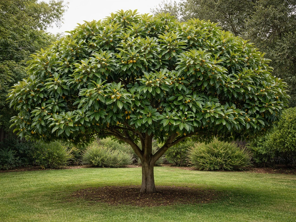 Full loquat tree silhouette in a garden showing a dense, rounded canopy shape.
