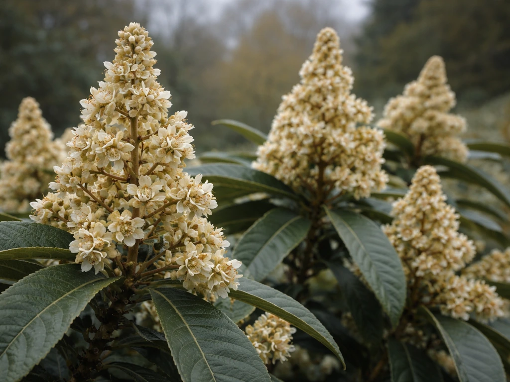 Loquat blossoms in upright pyramid-shaped panicles on a branch, with creamy-white flowers and buds.