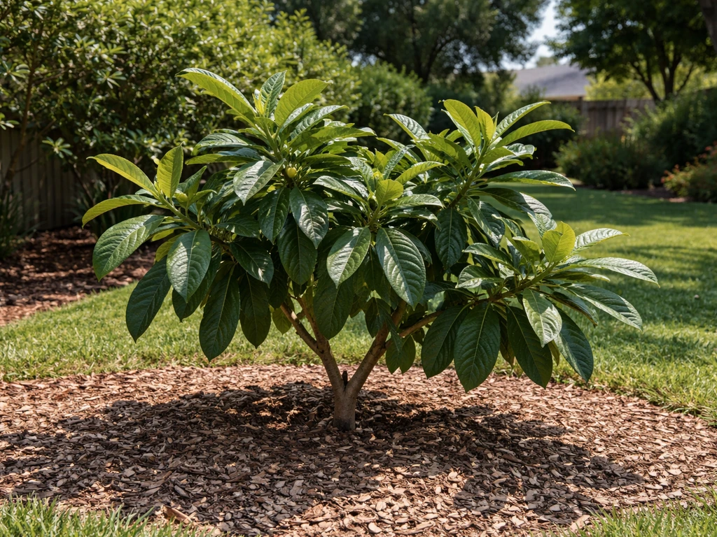 Young loquat tree in a sunny garden, compact shrub-like form with large glossy leaves and wider framing.