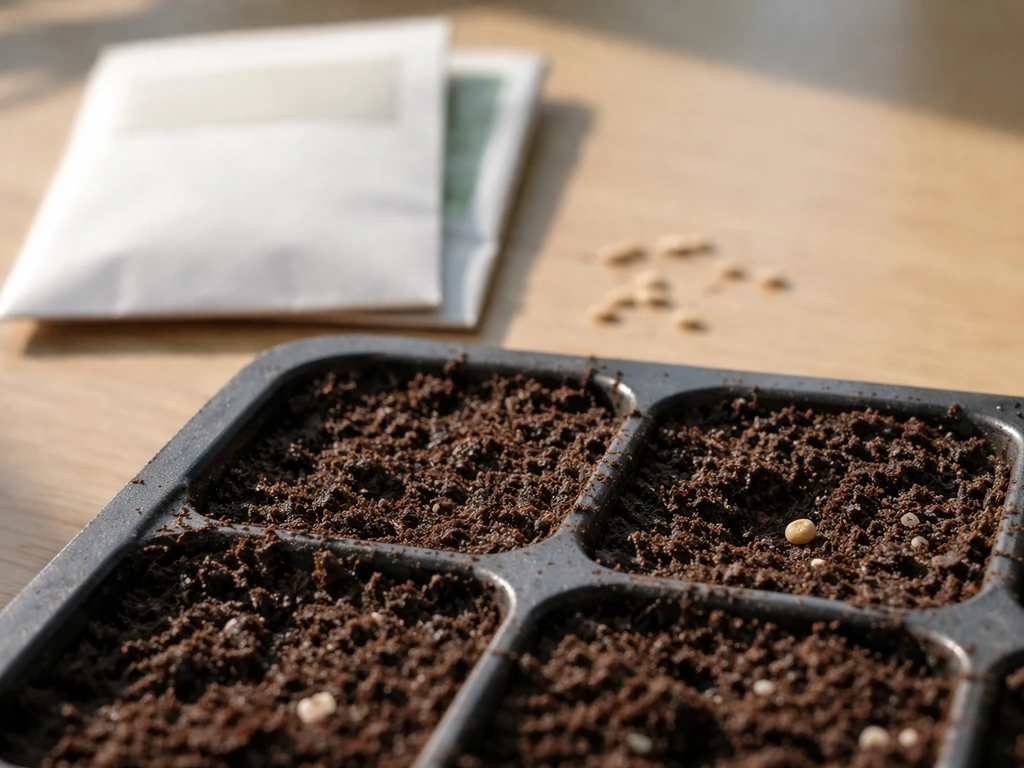 Close-up of a seed packet beside seeds and a small seed tray with visible soil and a planted seed.