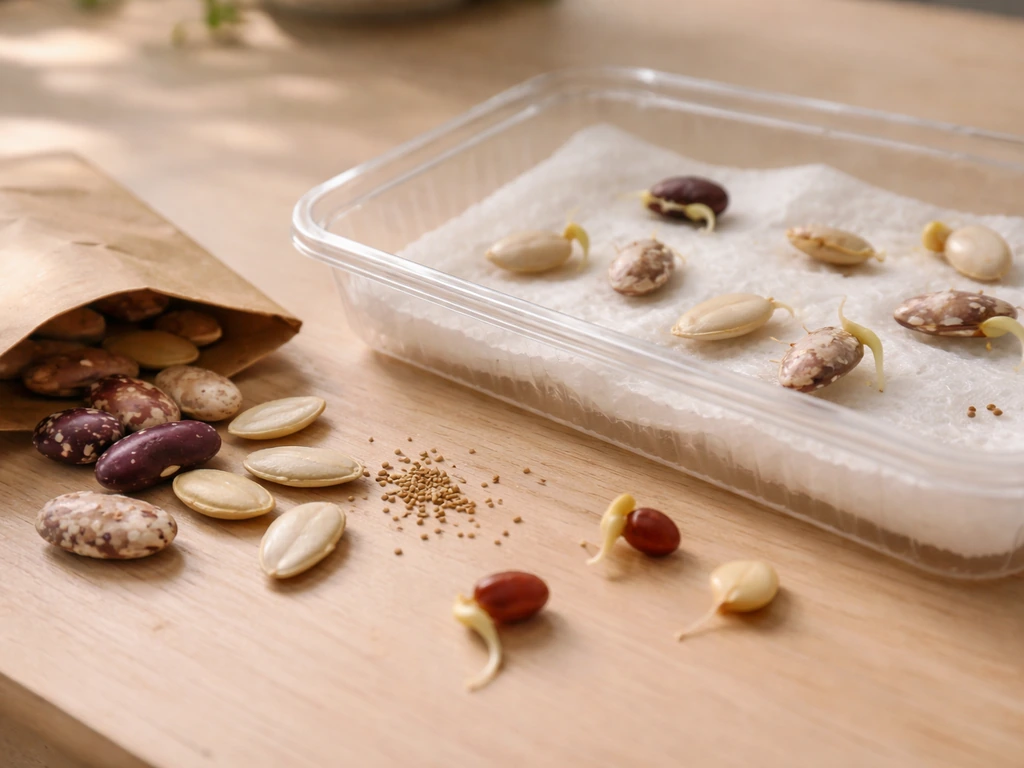 Open seed packet with bean, squash, and lettuce seeds beside a small damp sprouting setup.