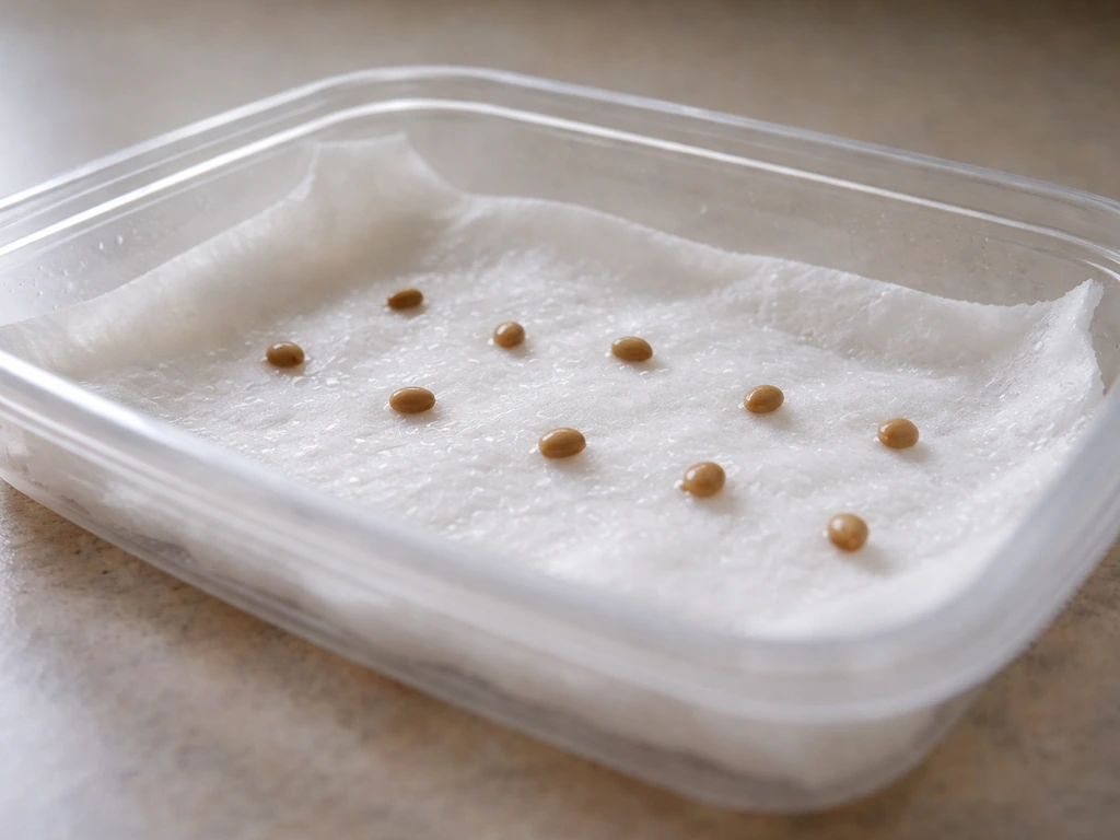 Moist paper towel with spaced seeds inside a clear bag/container for a germination test.