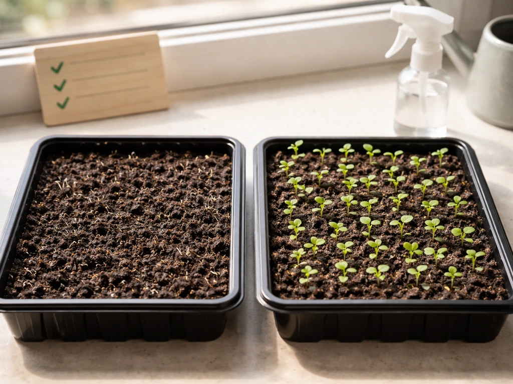 Two seed trays side-by-side: one with sparse/no sprouts and one with healthy green seedlings.