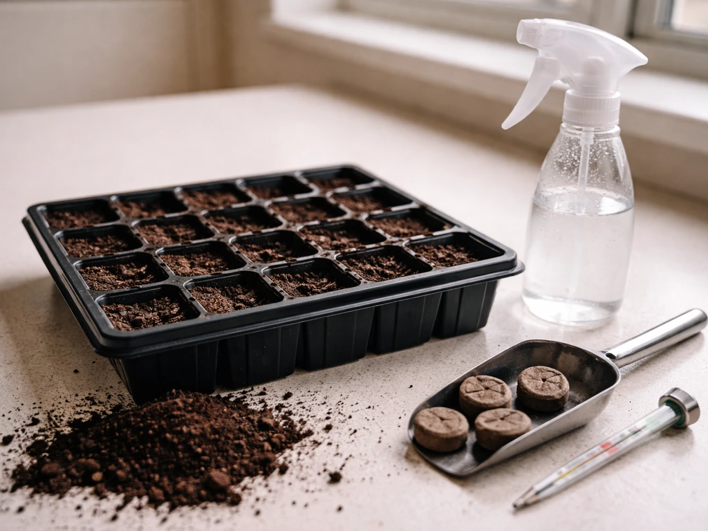 Seed-starting tray with fresh soil and spray bottle, no sprouts, with a soil thermometer for re-checking conditions.