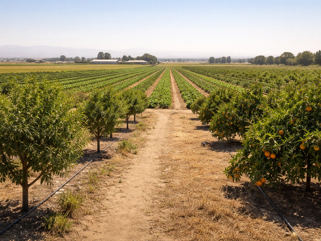 Hot Fresno Valley fields with almond/citrus orchard rows and nearby row crops under bright sun.