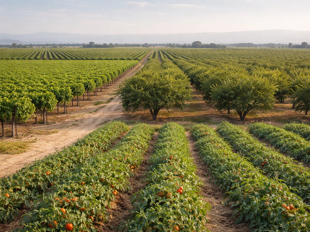 Fresno farm fields showing rows of grapes, almonds, pistachios, and tomatoes in warm sunlight.