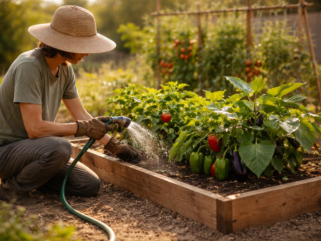 Gardener watering thriving pepper and eggplant beds beside a simple tomato trellis in hot summer sun