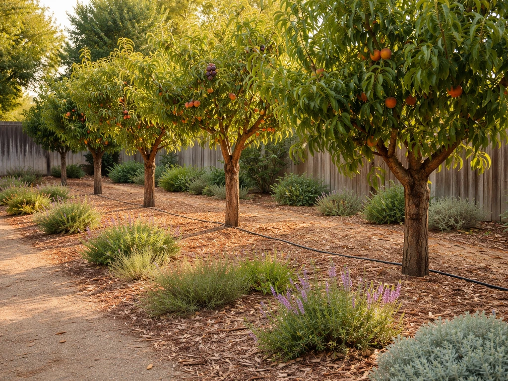 Fresno backyard orchard with peach trees and drought-tolerant perennials in warm sunlight