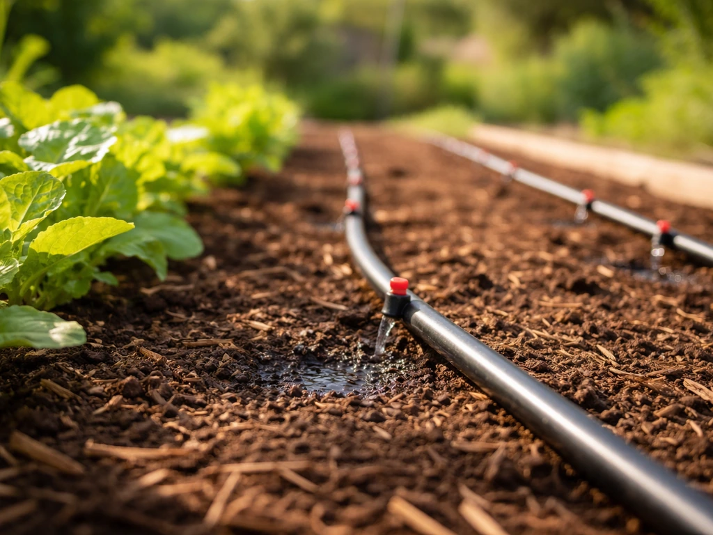 Drip irrigation tubing and emitters delivering water into mulched vegetable garden soil.