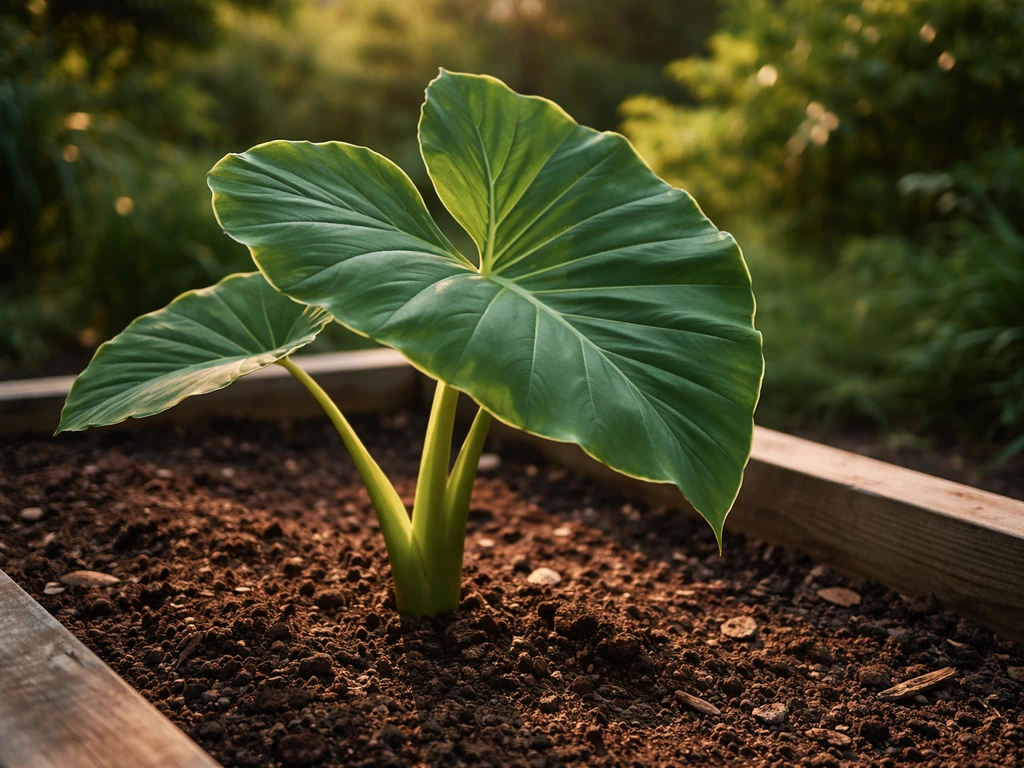 Large elephant ear leaves growing from rich soil in a warm, lush garden bed