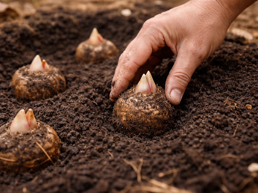 Anonymous hands placing elephant ear corms into dark soil, oriented correctly and covered.