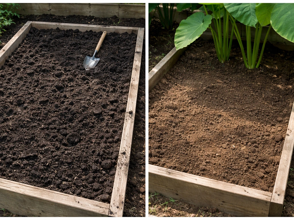 Side-by-side garden beds showing dark compost-rich soil and a sheltered bright planting spot for elephant ears