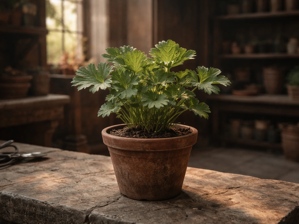 Mallowsweet plant in a pot in the Room of Requirement, with clearly visible leaf shape in cinematic view.