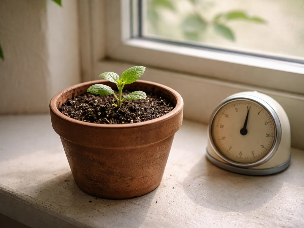 A small potted mallowsweet seedling beside a generic kitchen timer on a windowsill, indicating real-time growth.