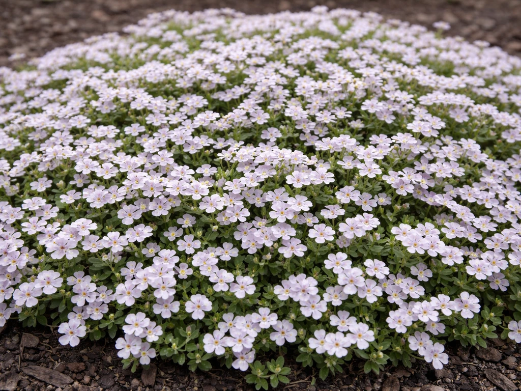 Close-up of a tidy Aubrieta Whitewell Gem groundcover mat with small white blossoms