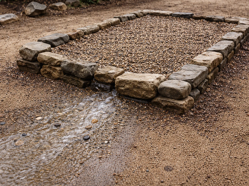 Raised rock-edged bed with gritty soil and rainwater flowing away, showing no pooling.