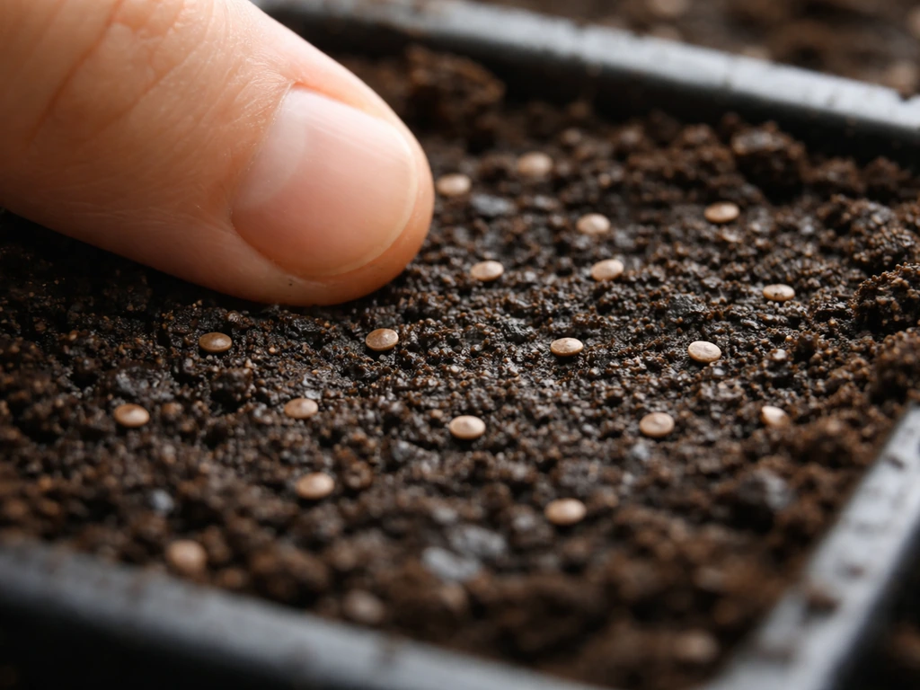 Aubrieta seeds lightly pressed onto compost surface for light-dependent germination
