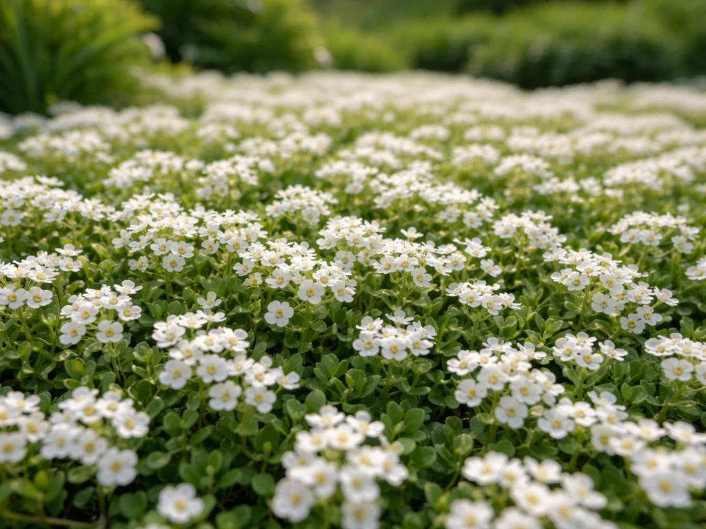 Close view of a blooming garden mat in spring with dense white flowers and tidy growth