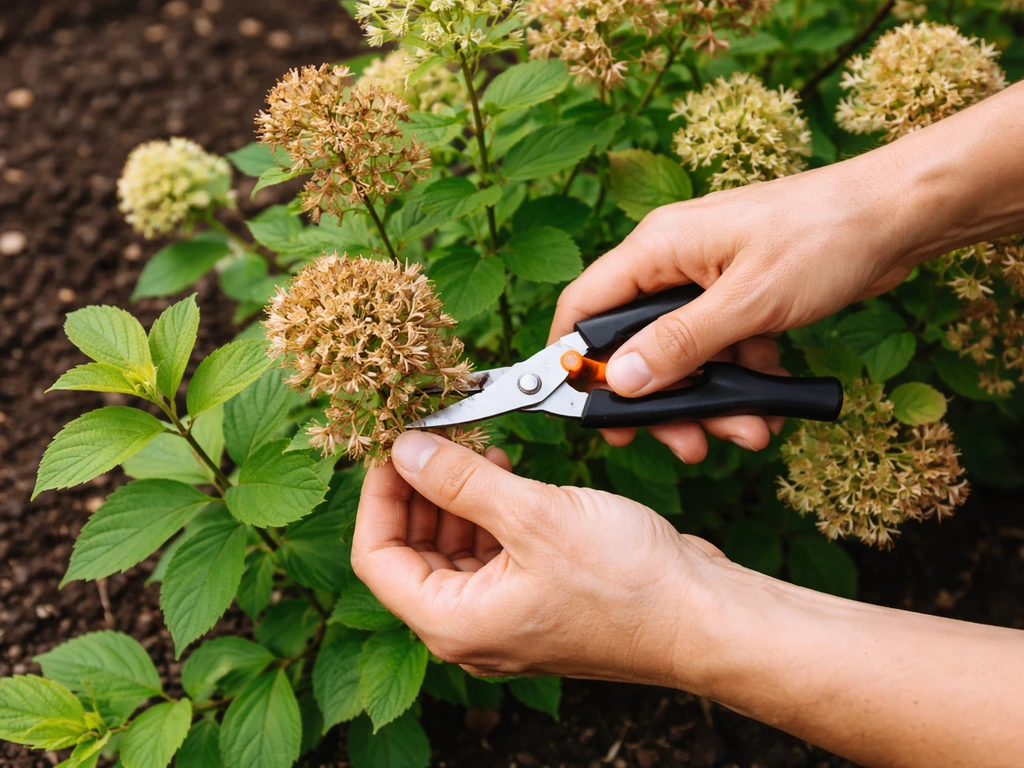 Anonymous hands trimming a flowering shrub with small shears right after blooming.