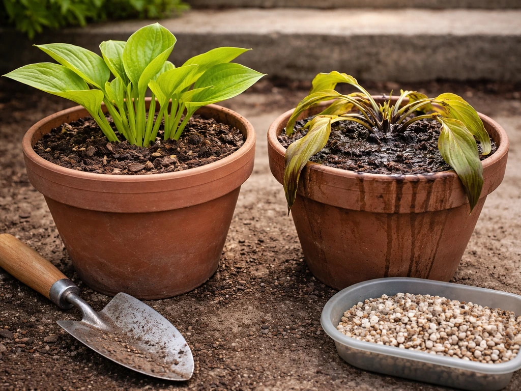Side-by-side pots: healthy upright crown versus collapsed, waterlogged crown with drainage tools nearby