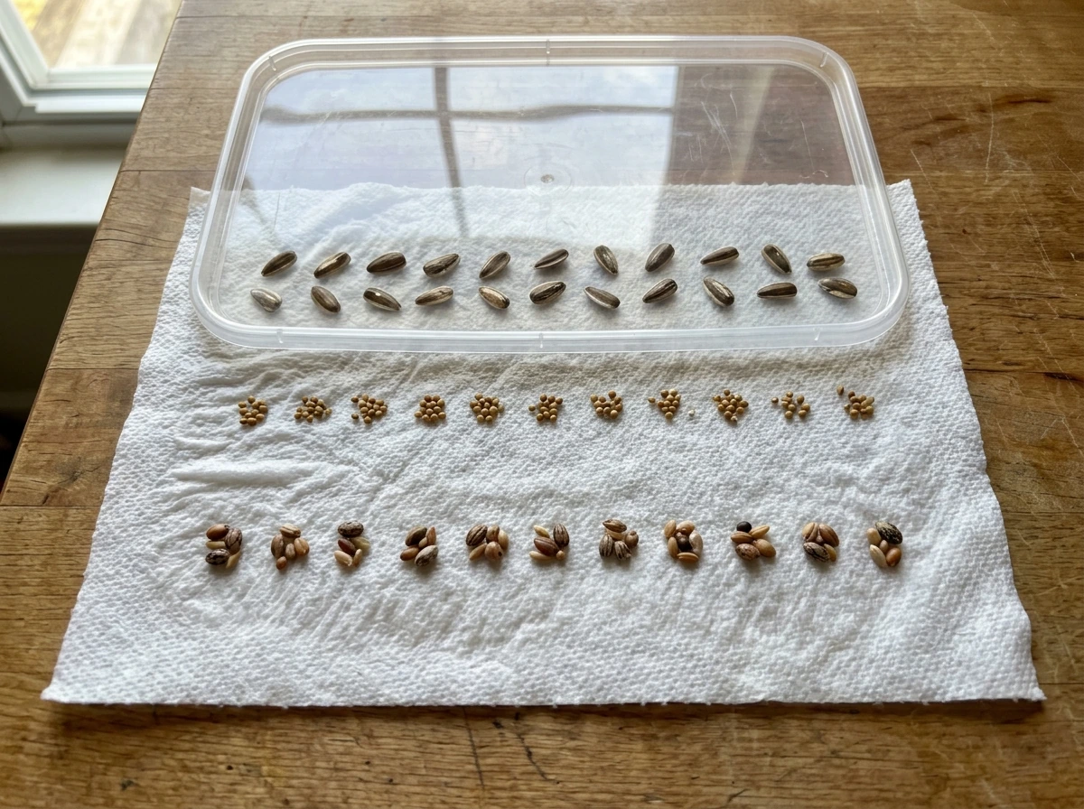 Paper towel germination test setup with birdseed seeds spaced in damp towel