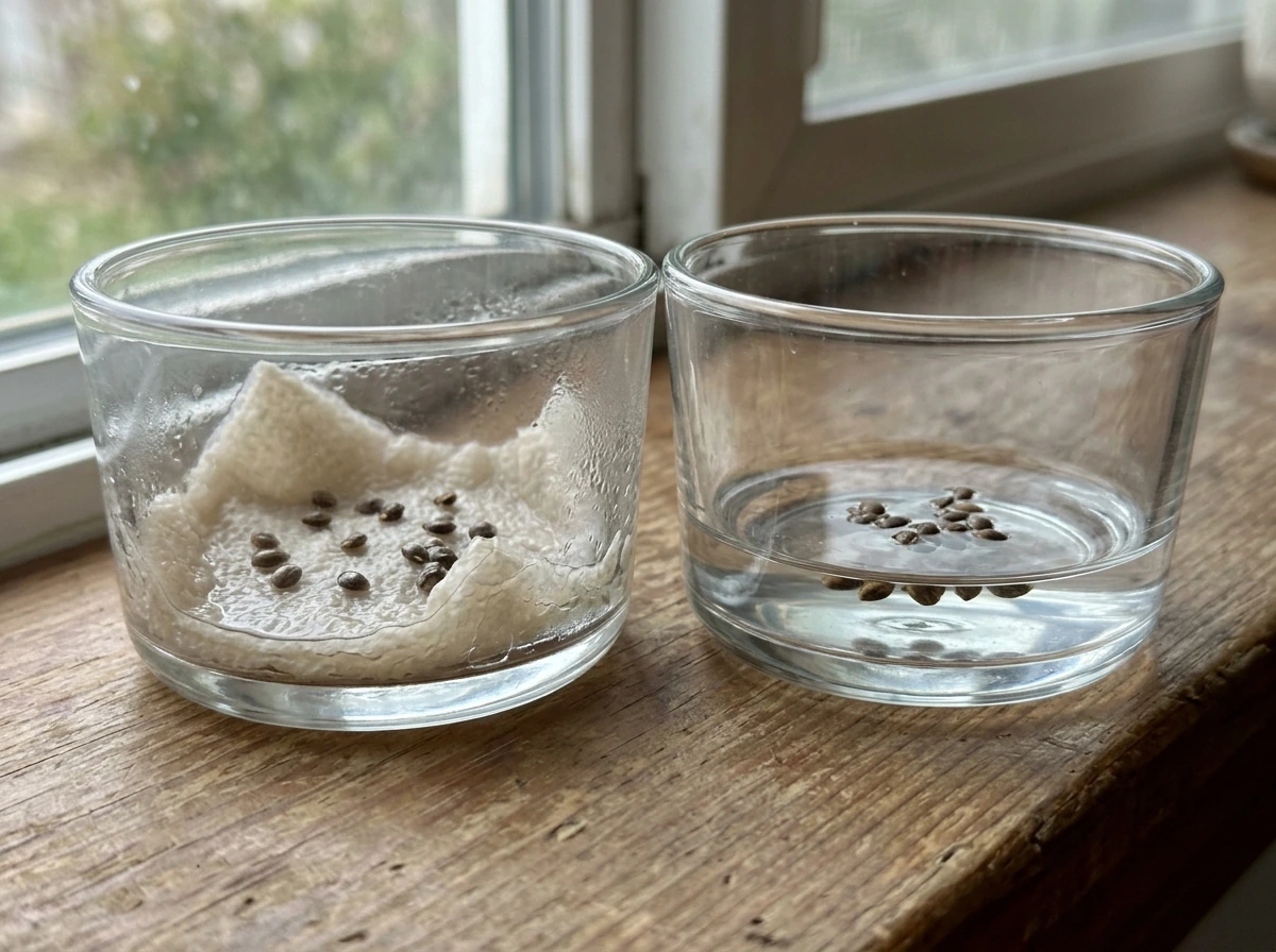 Side-by-side containers showing damp seeds vs seeds sitting in standing water
