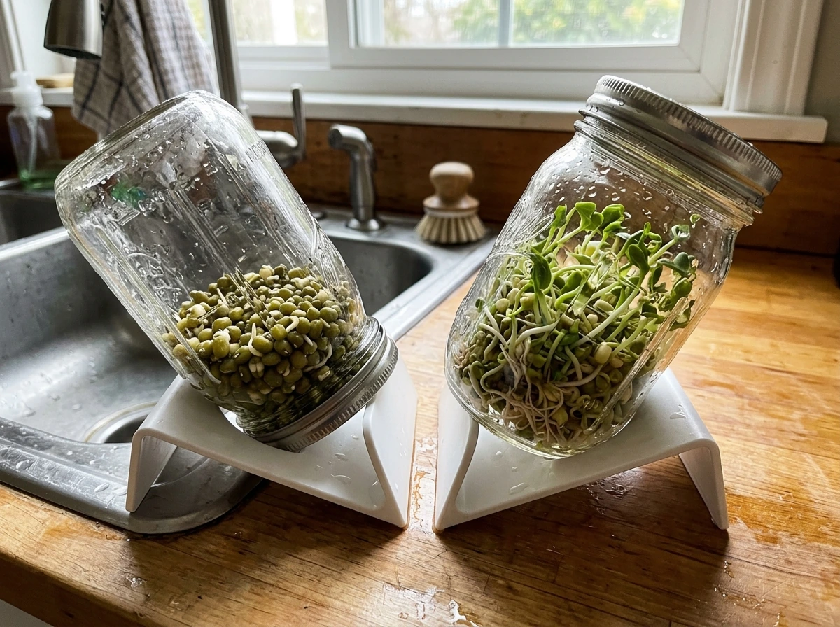 Sprouting birdseed progressing with rinsed/drained seeds showing early root tips and sprouts