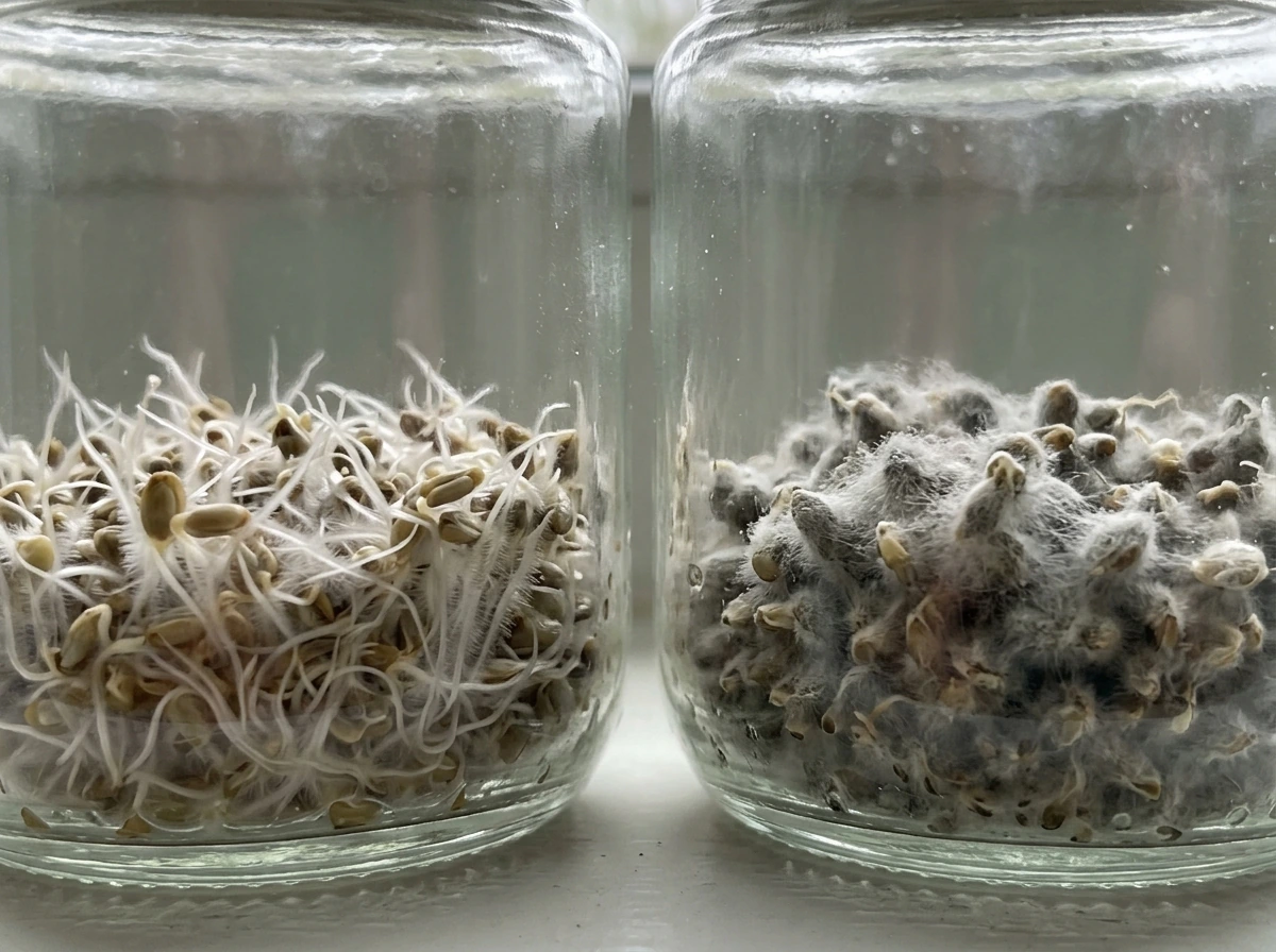 Comparison of safe white root fuzz vs fuzzy mold on sprouting seeds