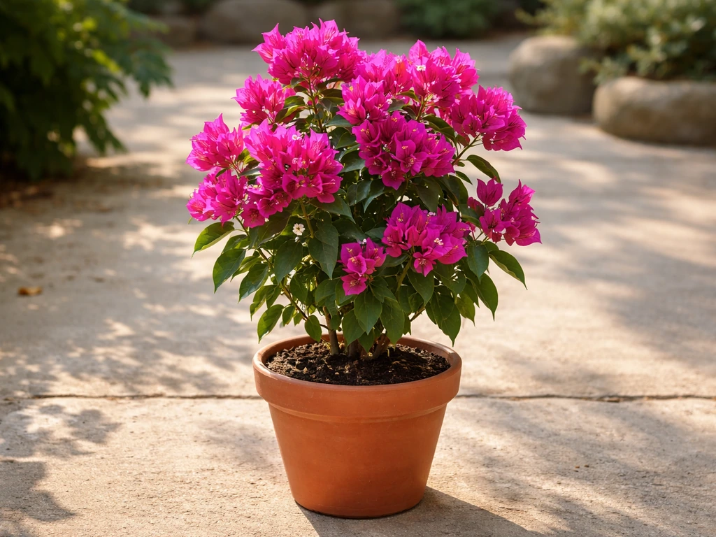 Blooming magenta bougainvillea in a terracotta pot on a sunny patio garden, lush healthy foliage.