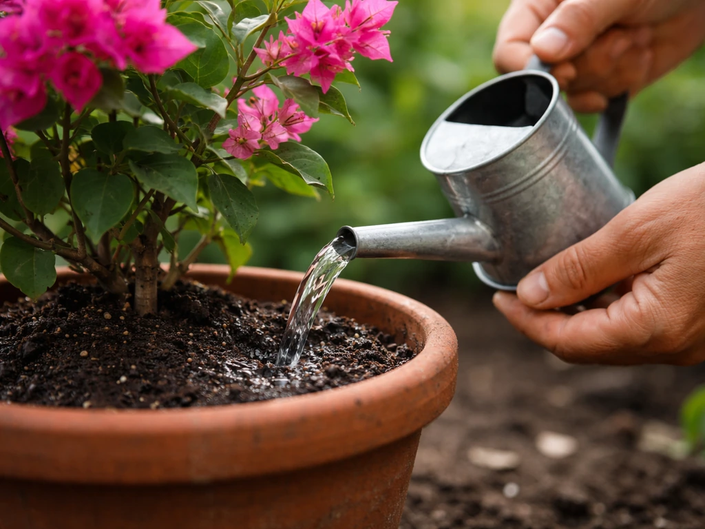 Gardener gently watering bougainvillea in a container with diluted water-soluble fertilizer from a can.
