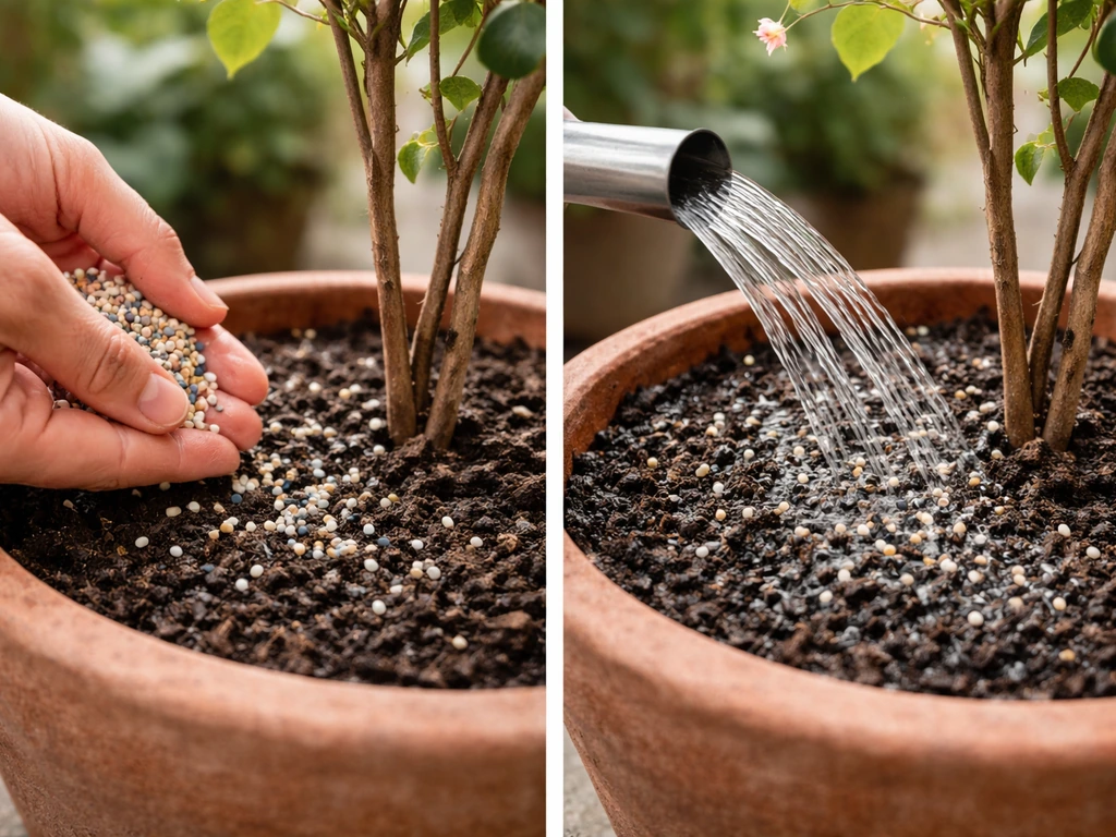 Hands sprinkling slow-release granules into soil around a potted bougainvillea, then watering.