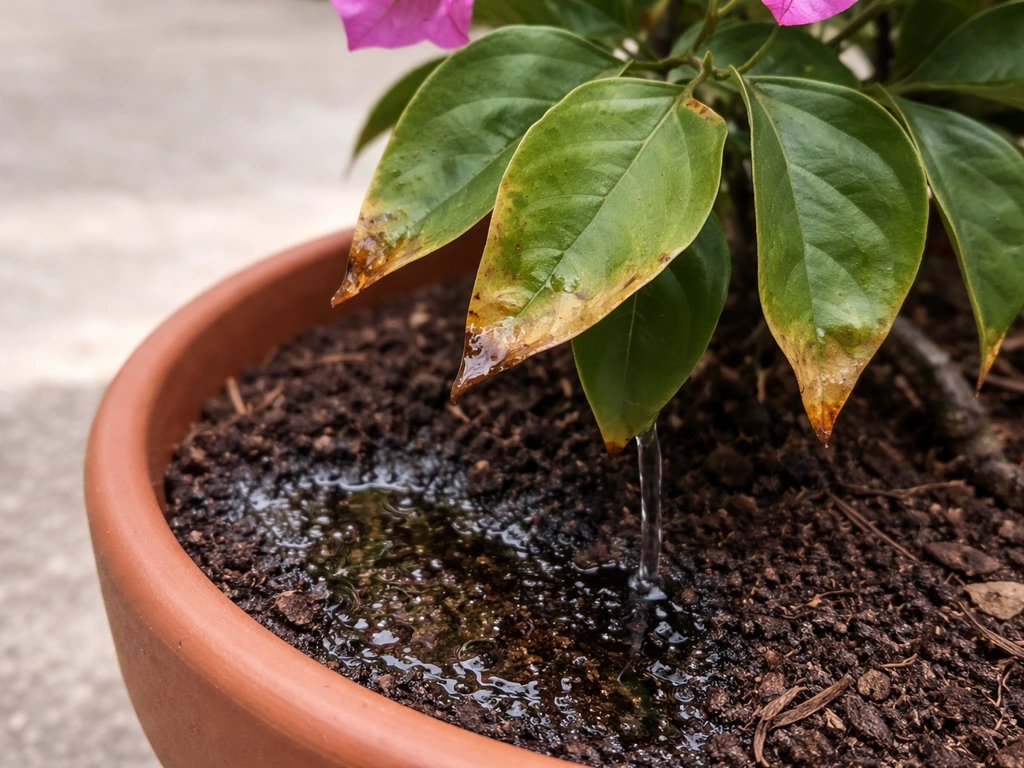 Bougainvillea leaves with scorched brown tips, next to damp flushed soil after a heavy feed.