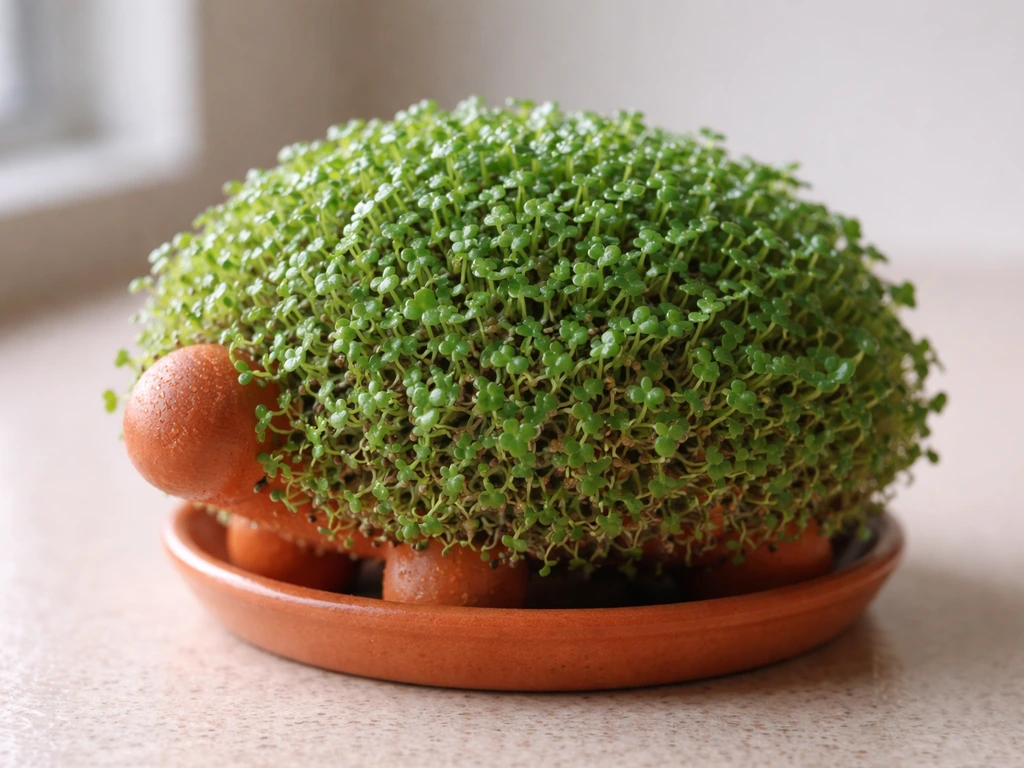 A chia pet covered in fresh, vivid mini greens and sprouted seeds, showing new growth texture.