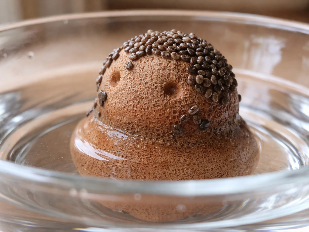 Porous chia pet clay figure partially submerged as damp seeds are pressed onto its surface