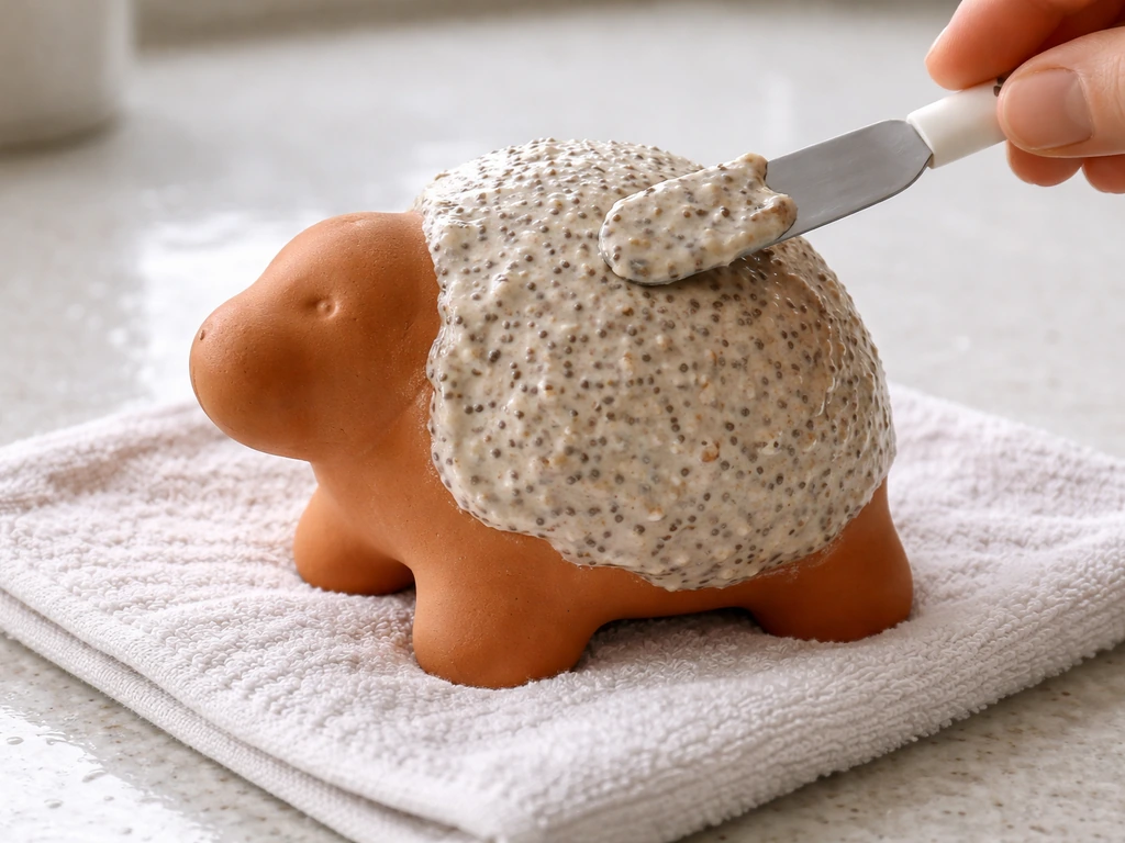 Close-up of a clean ceramic chia pet figure as thick seed paste is spread evenly over curved areas.