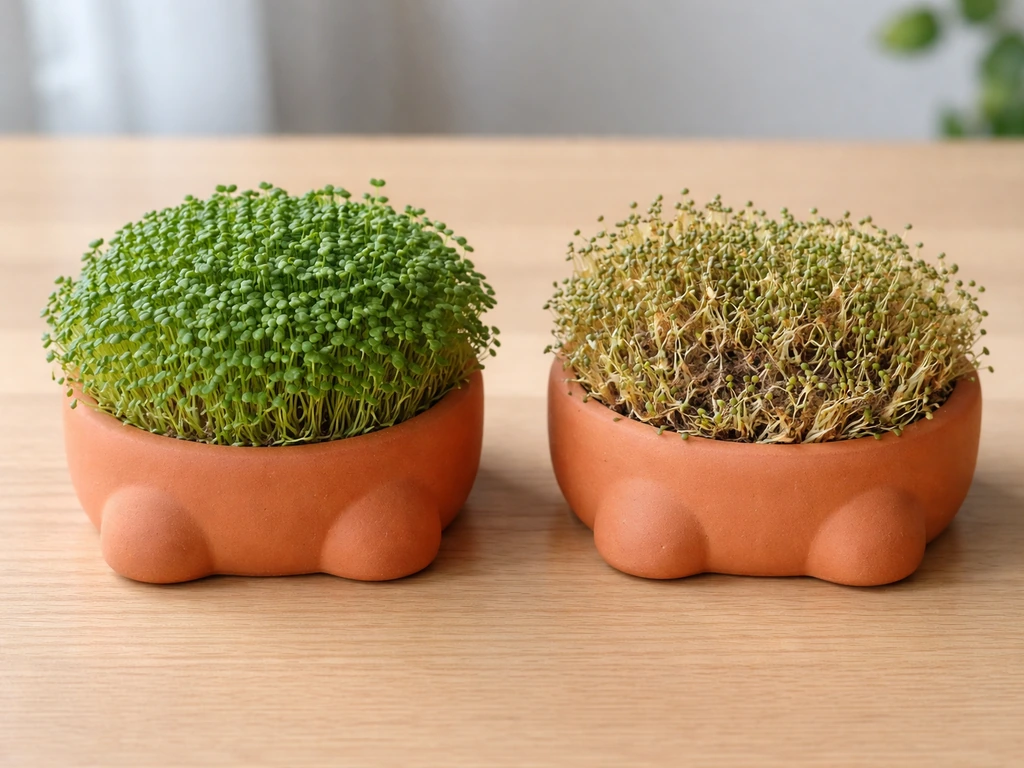 Two chia pet planters side by side: one lush and green, the other patchy and dried out unevenly