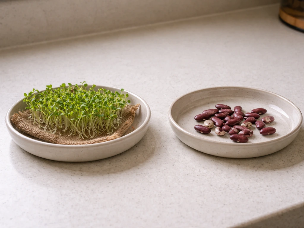 Split sprouting setup: safe chia sprout seeds on one side, raw beans/legumes to avoid on the other.