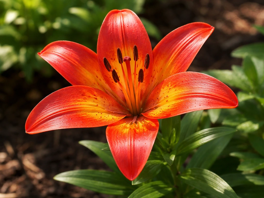 Close-up of an orange-red ember-toned lily bloom with surrounding green garden foliage.