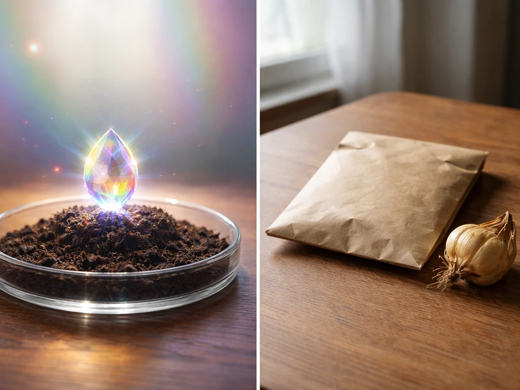 Split image: glowing prismatic seed on the left, sparse lily bulb/envelope on the right, both minimal and realistic.
