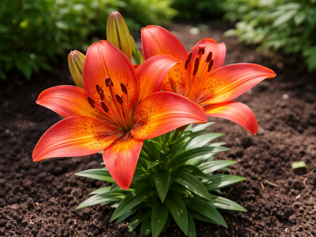 Close-up of a red-orange Asiatic lily blooming in a garden bed with soft green foliage in natural light.