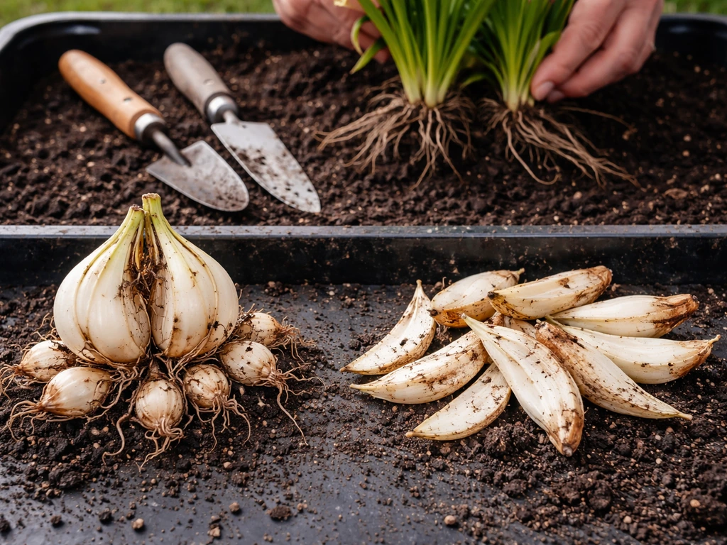 Close-up of lily bulb offsets and bulb scales beside a daylily clump being divided by hands with tools.