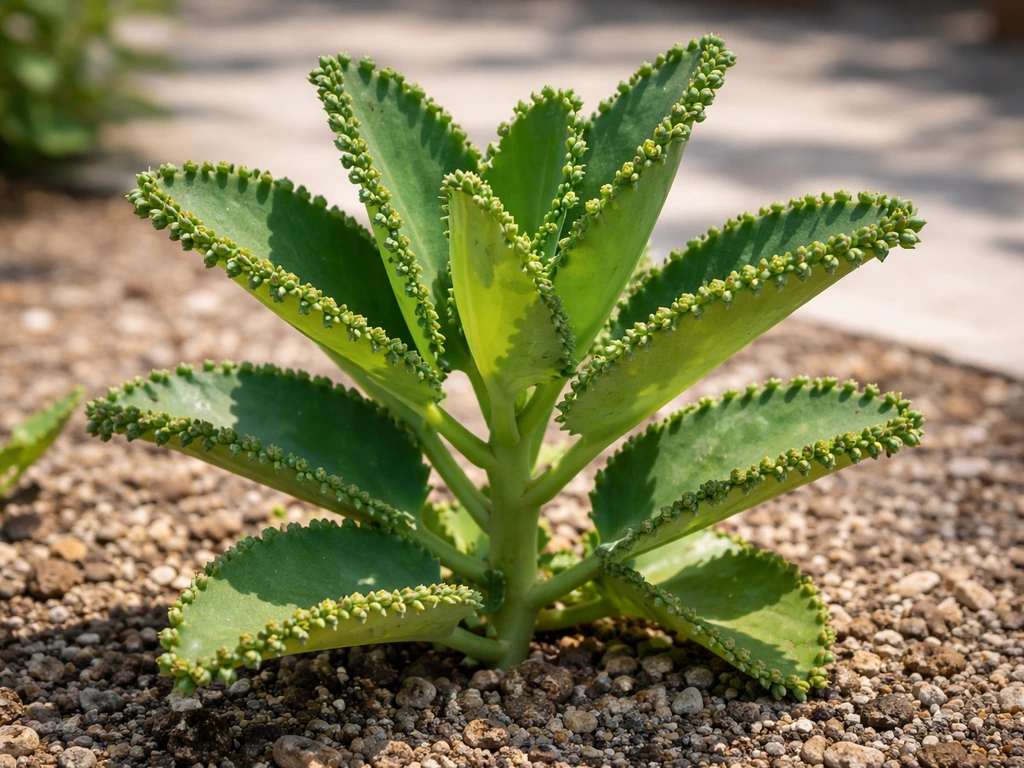 Healthy mother of thousands succulent in bright outdoor light, showing thick leaves and sun exposure.