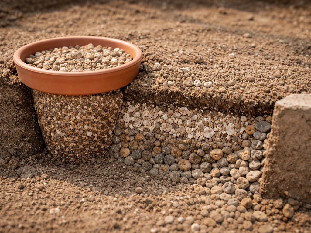 Closeup of gritty, fast-draining cactus soil with perlite and gravel in a simple garden bed.