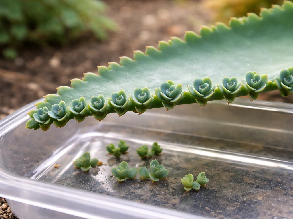 Close-up of Mother of Thousands leaf edges with tiny plantlets collected in a clear tray outdoors.
