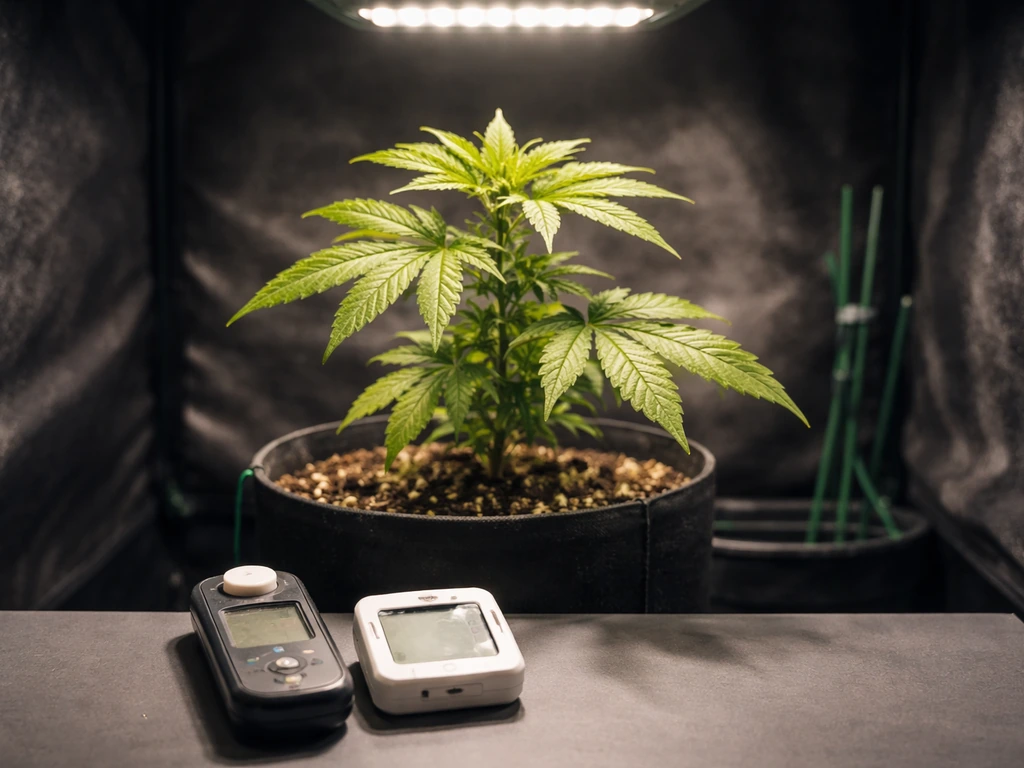 Healthy recovering cannabis plant under grow lights with a PPFD meter and humidity gauge on a nearby table
