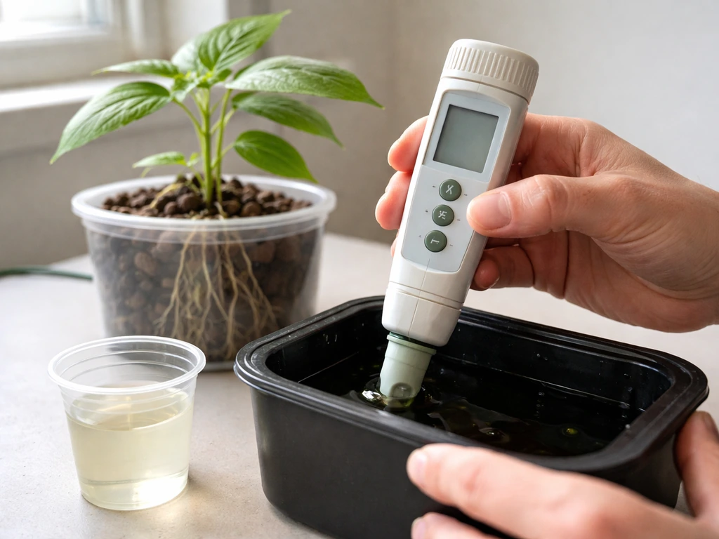 Gardener taking pH and EC readings with a meter in a small plant grow setup.