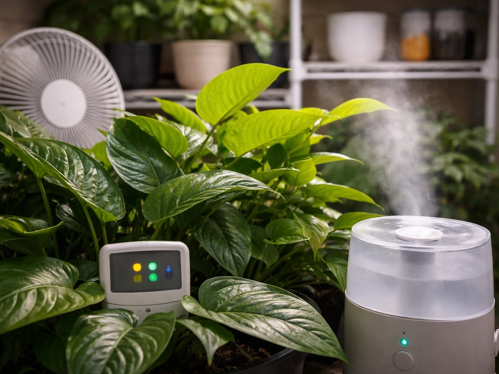 Close-up of a tropical plant with a thermometer/hygrometer and a humidifier near the canopy.