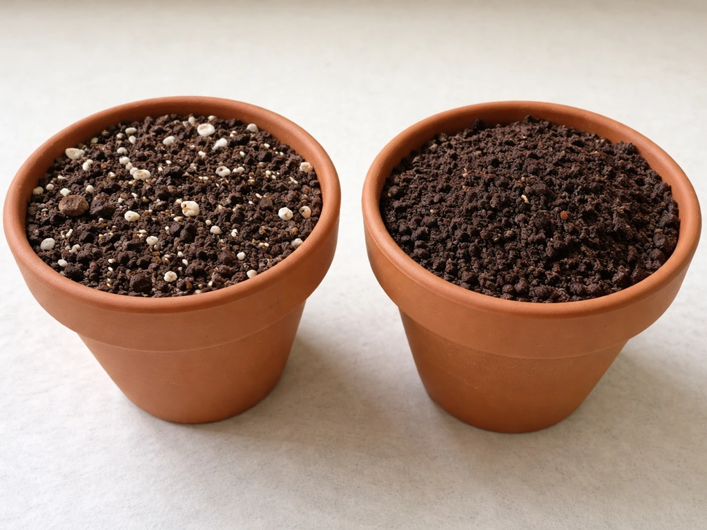 Two small pots side by side showing amended airy mix vs plain denser potting mix for drainage.